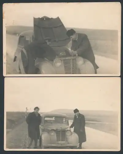 2 Fotografien Auto Moskwitsch 400, PKW mit Motorpanne auf der Landstrasse