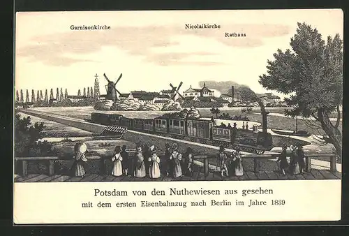 AK Potsdam, Erste Eisenbahn nach Berlin 1839, Blick zur Stadt