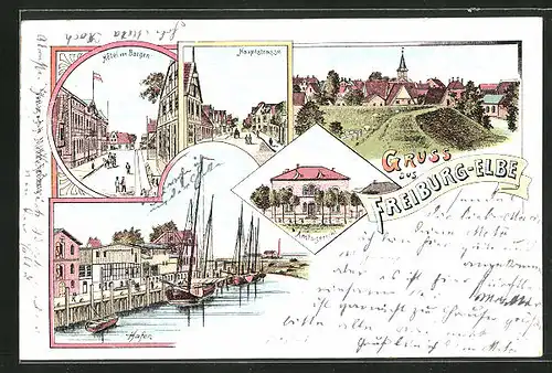 Lithographie Freiburg /Elbe, Hotel von Bargen, Hauptstrasse, Amtsgericht