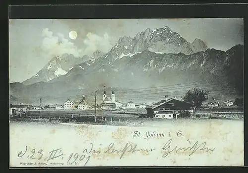 Mondschein-AK St. Johann i. T., Ortsansicht aus der Vogelschau