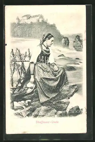 Relief-AK Schaffhausen, junge Frau am Flussufer in Tracht, Blick zum Schloss