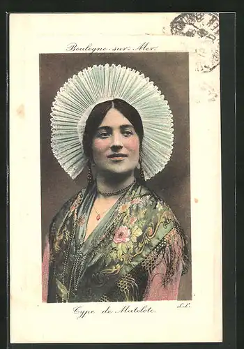 Präge-AK Picardie, Type de Matelote, Boulogne-sur-Mer, junge Frau in farbenfroher Tracht