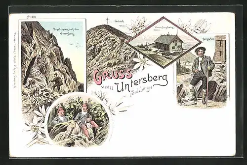 Lithographie Untersberg, Doppfersteig auf dem Unterberg, Bergführer, Geieck, Unterberghaus