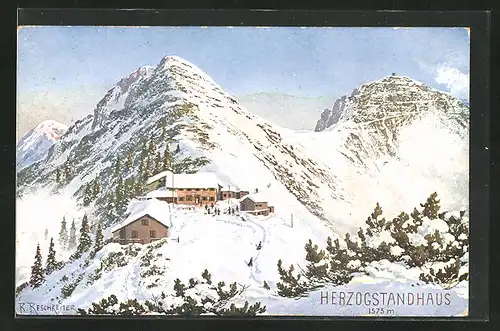 Künstler-AK Rudolf Reschreiter: Berghütte Herzogstandhaus im Schnee