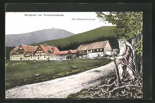 AK Brückenberg im Riesengebirge, Berghotel zur Teichmannbaude, die alte Schnurrbartbaude, Rübezahl