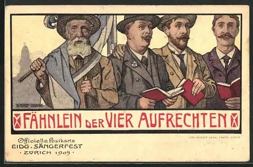 Künstler-AK Zürich, Fähnlein der Vier Aufrechten, Eidg. Sängerfest 1905