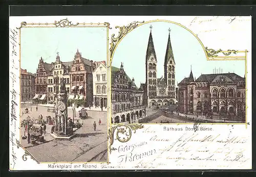 AK Bremen, Marktplatz mit Roland, Rathaus, Dom und Börse