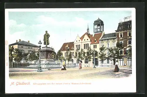 AK M. Gladbach, Königsplatz mit neuer Post & Bismarckdenkmal