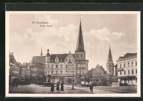 AK M. Gladbach, Alter Markt mit Brunnen und Strassenbahn