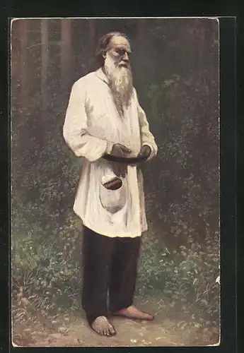 Künstler-AK L.N. Tolstoi, in einfacher Kleidung ohne Schuhe im Wald