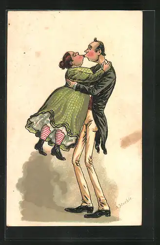 Künstler-AK sign. Staehle: grosser Mann küsst kleine Frau