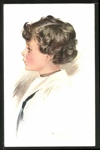 Künstler-AK sign. Adamson: Mädchen seitlich portraitiert mit blauem Binder