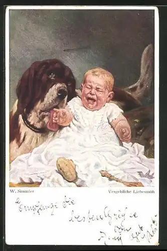 Künstler-AK sign. Simmler: Vergebliche Liebesmüh, kleiner Junge mit seinem Hund