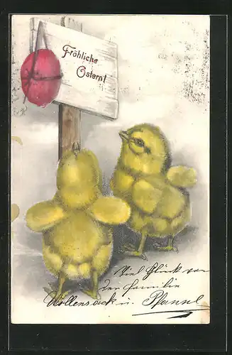 Künstler-AK Ostern, zwei Osterküken und ein Gruss