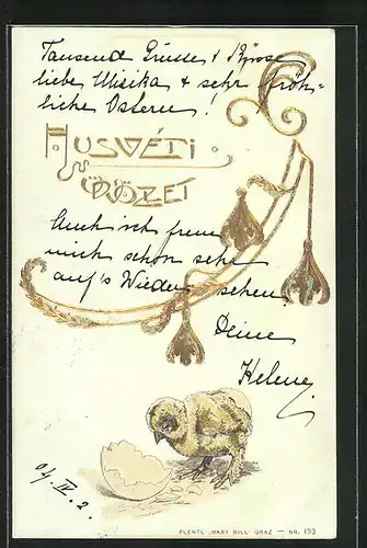 Präge-Künstler-AK Ostern, das Küken kommt aus der Schale, goldene Schrift