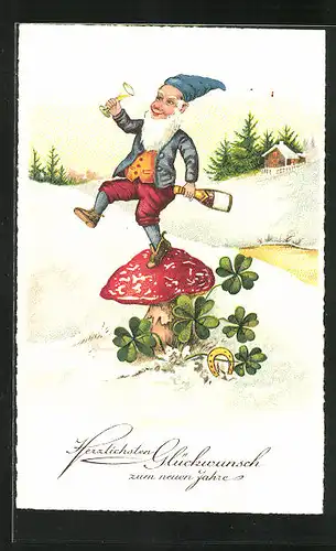 Künstler-AK Neujahr, ein Zwerg tanzt auf einem Pilz, Kleeblatt und Hufeisen