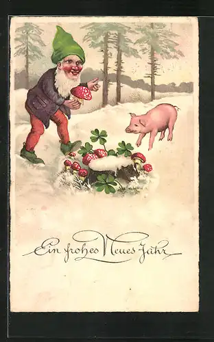 Künstler-AK Neujahr, ein Zwerg mit einem Schwein im Wald, Klee, Pilze
