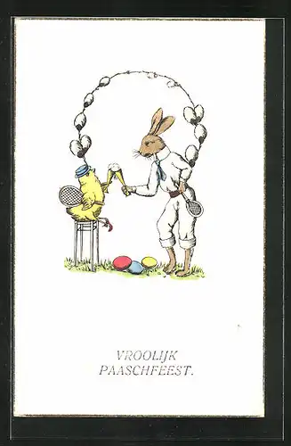 Präge-Künstler-AK Osterhase, gemeinsamer Umtrunk mit einem Küken beim Tennis