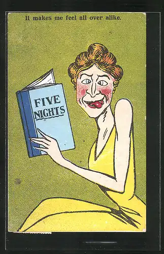 Künstler-AK frauenfeindlicher Humor, Woman reads the book Five Nights