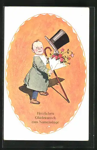 Künstler-AK Namenstag, Junge mnit Zylinder und Gehstock