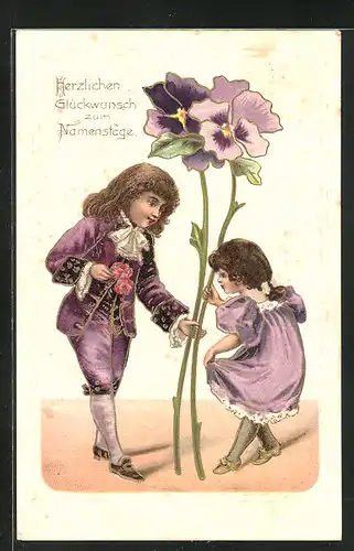 Präge-Lithographie Namenstag, Mädchen in Lila mit einer Blume
