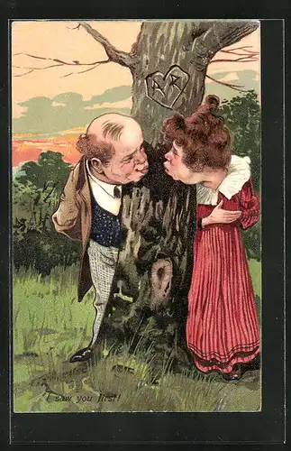 Präge-Künstler-AK Gesichter, Mann und Frau küssen sich am Baum