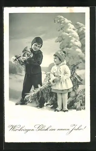 AK Schornsteinfeger, Glücksgrüsse zum Neujahr, Kinder im Schnee
