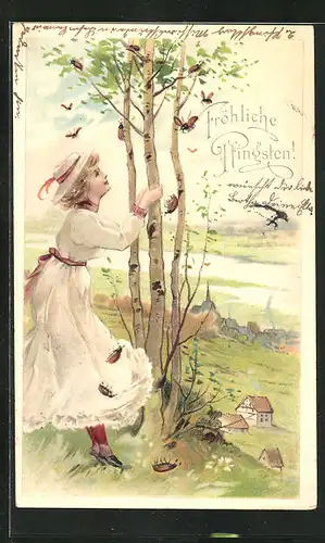 Lithographie Pfingsten, Frau am Baum mit vielen Maikäfern