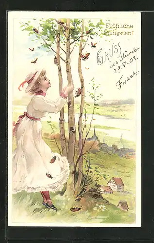 Lithographie Pfingsten, Maikäfer am Baum mit junger Frau