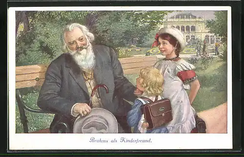Künstler-AK Brahms, als alter Mann im Park als Kinderfreund