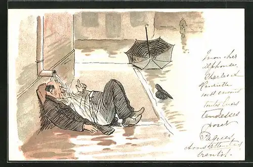 Künstler-AK Trinkerhumor, Betrunkener Mann mit Regenschirm im Regen