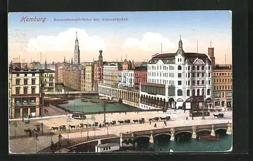 AK Hamburg, Reesendammbrücke mit Alsterarkaden und Strassenbahnverkehr