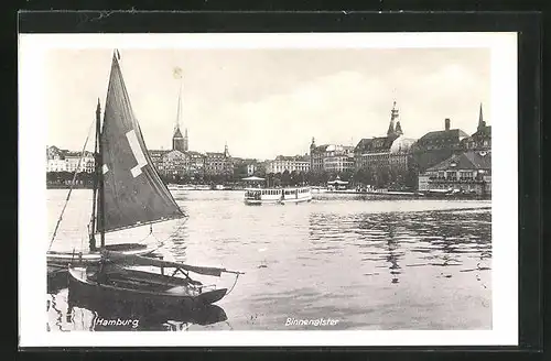 AK Hamburg, Binnenalster mit Segelboot und Fähre