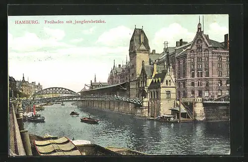 AK Hamburg, Freihafen mit Jungfernbrücke