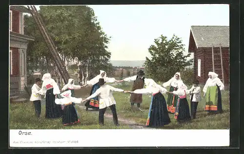 AK Orsa, Bauernfamilie tanzt in Tracht