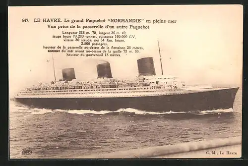 AK Le Havre, le grand Paquebot Normandie en pleine mer