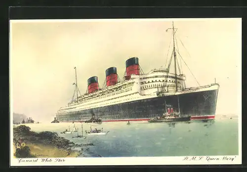 AK R.M.S. Queen Mary mit Schleppern in Küstennähe