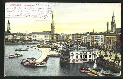 AK Hamburg-Neustadt, Jungfernstieg mit Stadtansicht aus der Vogelschau