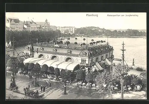 AK Hamburg-Neustadt, Alsterpavillon am Jungfernstieg mit Stadtansicht