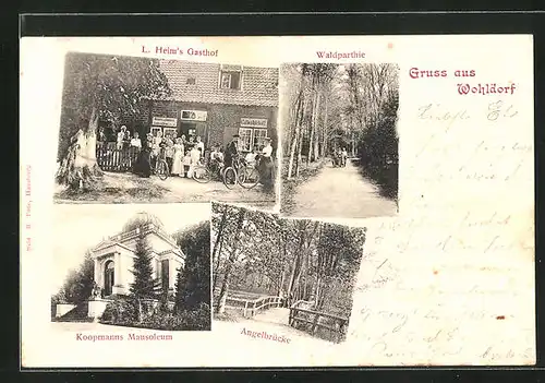 AK Hamburg-Wohldorf, Gasthof L. Heim, Angelbrücke, Koopmanns Mausoleum