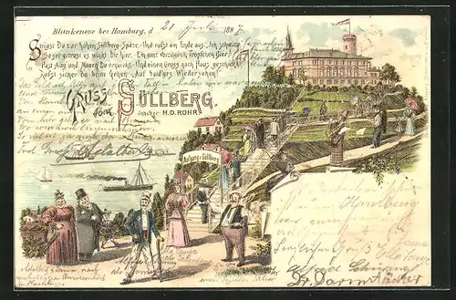 Lithographie Hamburg-Blankenese, Restaurant Süllberg mit Passanten