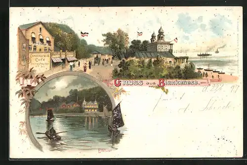 Lithographie Hamburg-Blankenese, Konditorei-Café Zur Elblust mit Elbe und Dampfer, Elblust am Abend