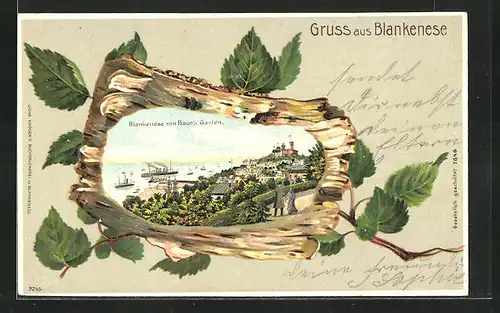 Passepartout-Lithographie Hamburg-Blankenese, Blankensee mit Dampfer von Baur`s Garten, Sicht durch ein Stück Holz
