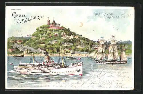 Lithographie Hamburg-Blankenese, Elbe mit Süllberg und Dampfer, Halt gegen das Licht: Lichter gehen an