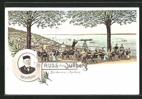 Lithographie Hamburg-Blankenese, Terrasse mit Stadtansicht und Elbe