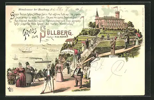 Lithographie Hamburg-Blankenese, Restaurant Süllberg mit Passanten