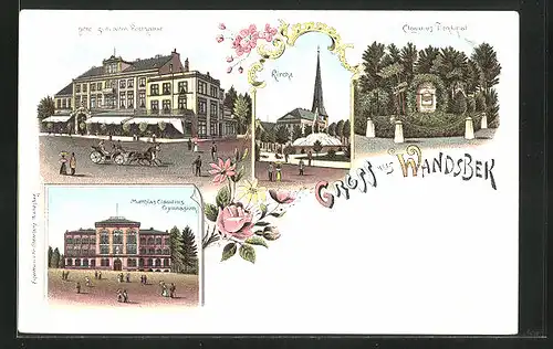 Lithographie Hamburg-Wandsbek, Hotel Zum alten Rathaus, Claudius Denkmal, Matthias Claudius Gymnasium