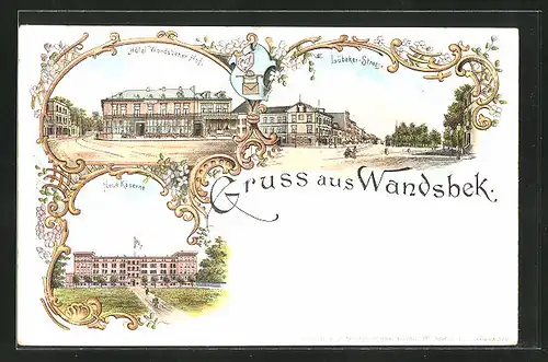 Lithographie Hamburg-Wandsbek, Hotel Wandsbeker-Hof, Lübeckerstrasse, Neue Kaserne