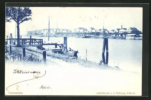 AK Travemünde a. d. Ostsee, Bootsanlegestelle mit Blick zur Stadt
