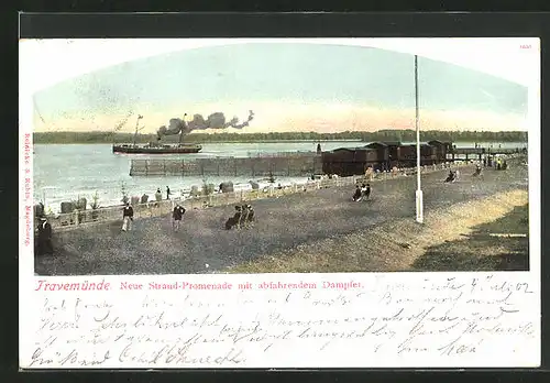 AK Travemünde a. d. Ostsee, Neue Strandpromenade mit abfahrendem Dampfer